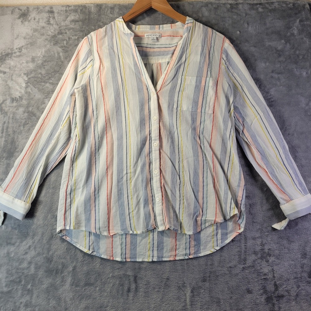 J. Crew Mercantile Womens S Striped V-Neck‎ Button Front Tie Cuff Blouse L2051